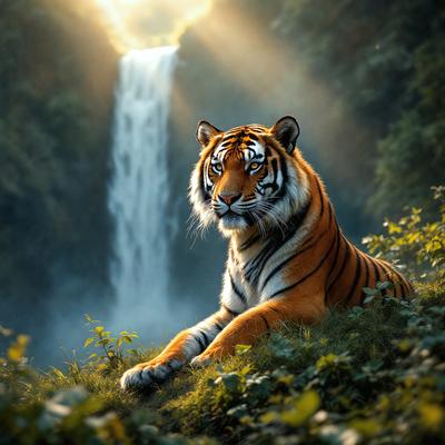 Primary subject: A tiger sitting on the grass.

Setting/background: The tiger is sitting in front of a waterfall, surrounded by lush greenery.

Visual style: The image is a digital artwork.

Colors and mood: The image is in black and white, giving it a classic and timeless feel.